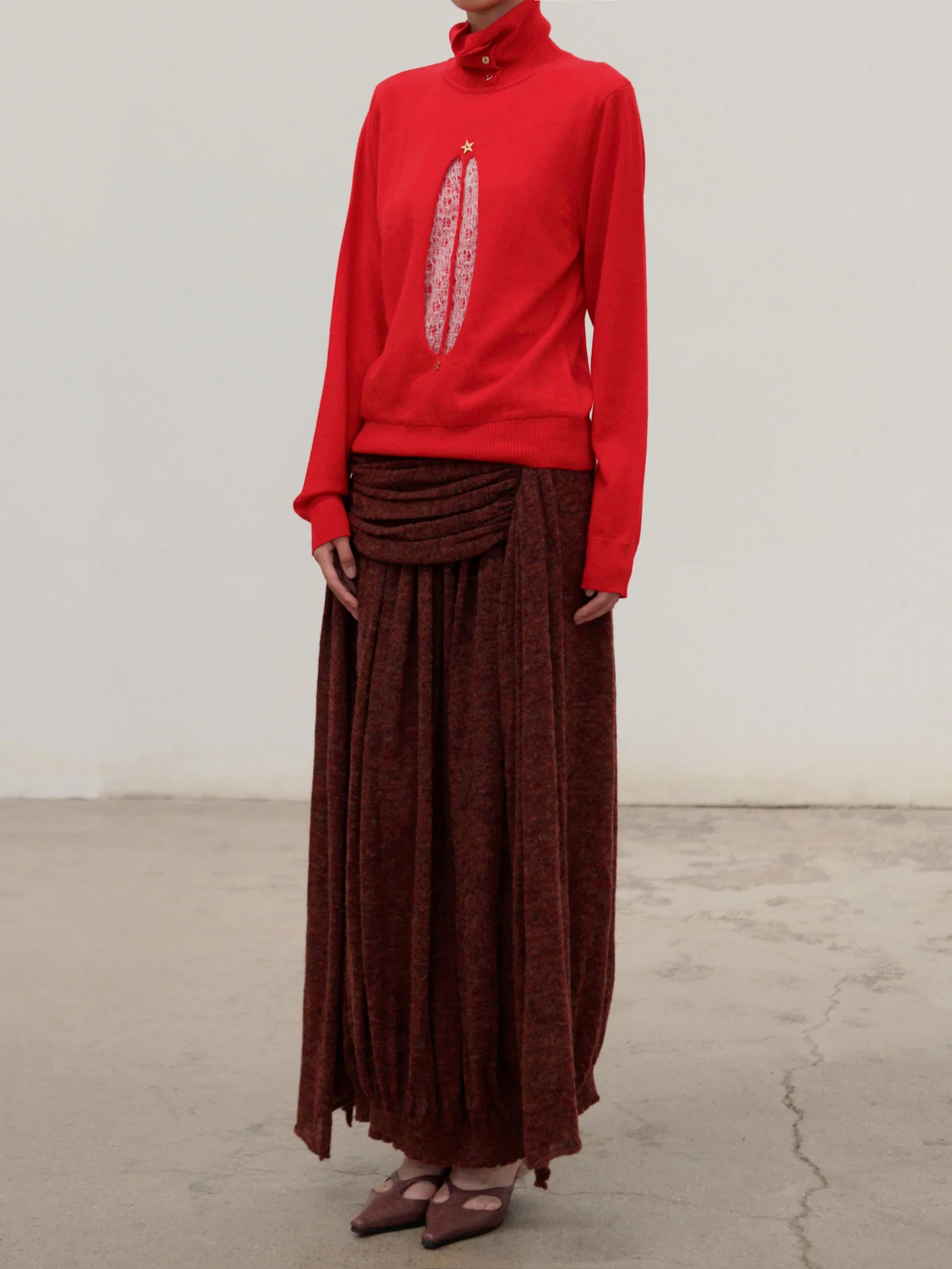 NAN KNITS 25 Autumn and Winter Ribbon Slant Collar Bottoming Shirt/Pleated Skirt NAN-N25AWSK12BRO-ZONG Skirt （N25AWBAS08BRO） - Image 9