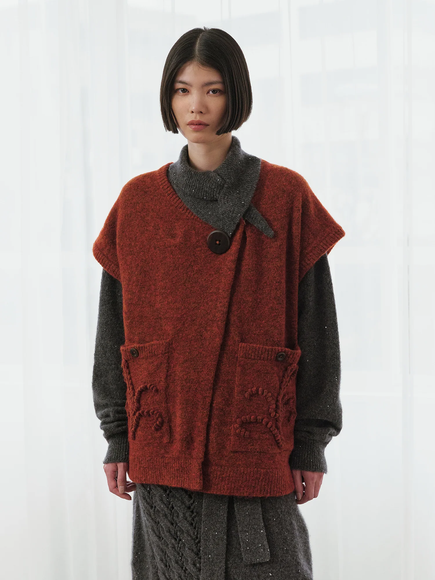 NAN KNITS 25 Autumn and Winter Three-dimensional Floral Slant-collar Vest NAN-N25AWVE05RED-HONG Red - Image 6