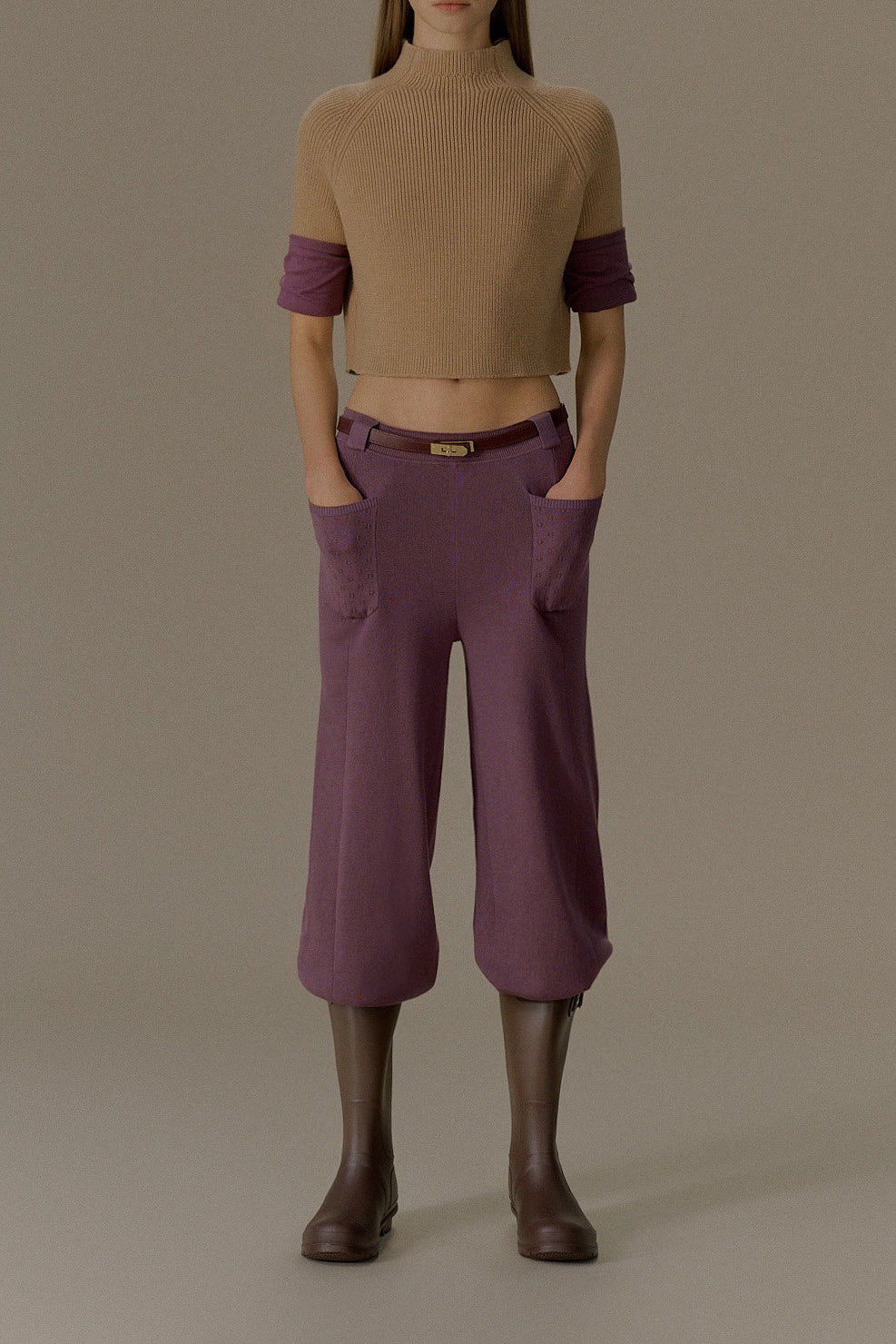 o cloche code 25 Fall/Winter Chunky Knit Color Block Sleeve Sweater, Merino Wool Knit OCC-OH01T887-ZDZ, Brown/Purple-Grey - Image 2