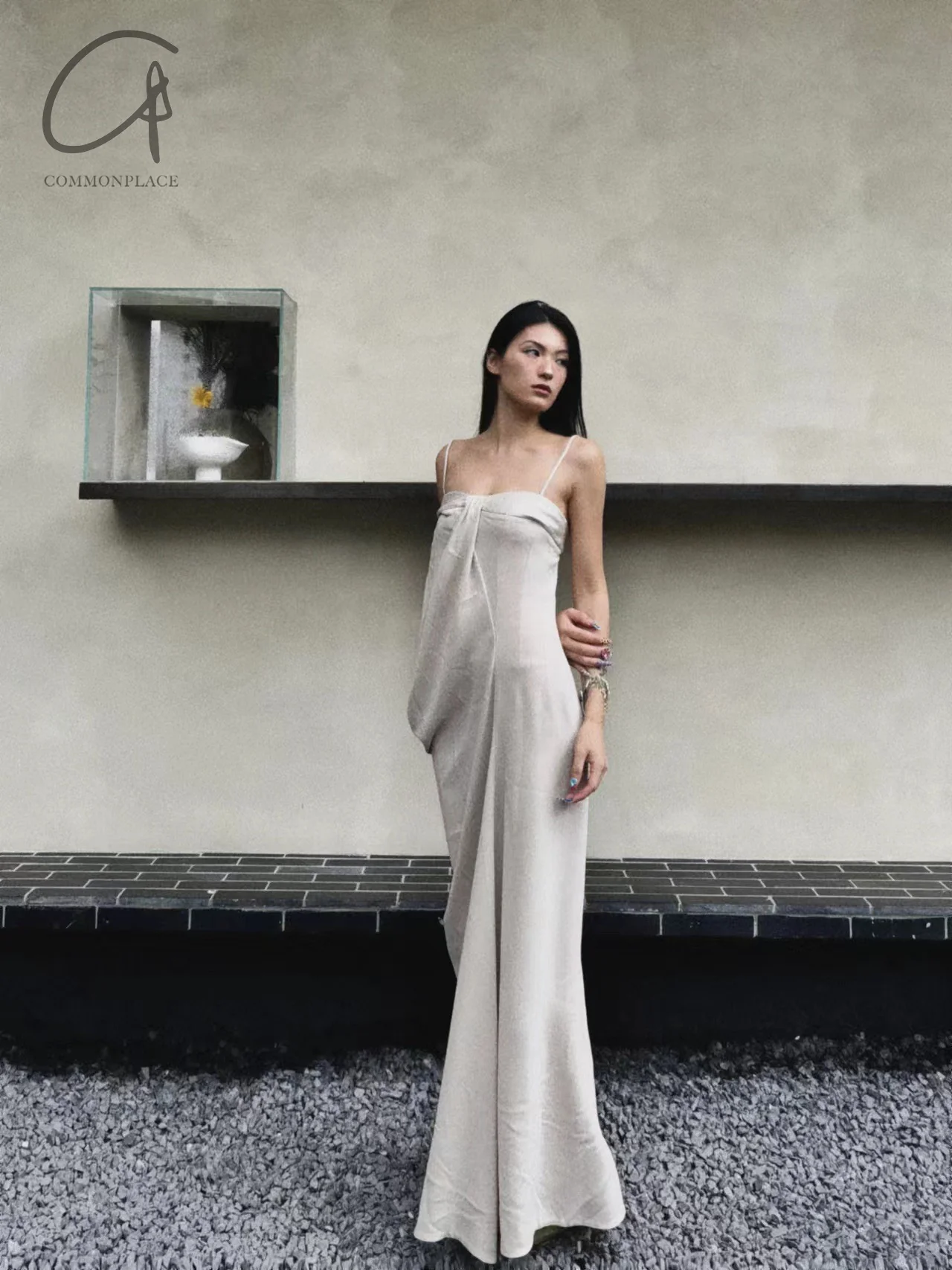 OUDE WAAG 24 Autumn and Winter Asymmetric Drape Dress OW-24AW- DS19A1WI180-MH POW1 Beige Gray OW-24AW-DS02P1PK220 - Image 15