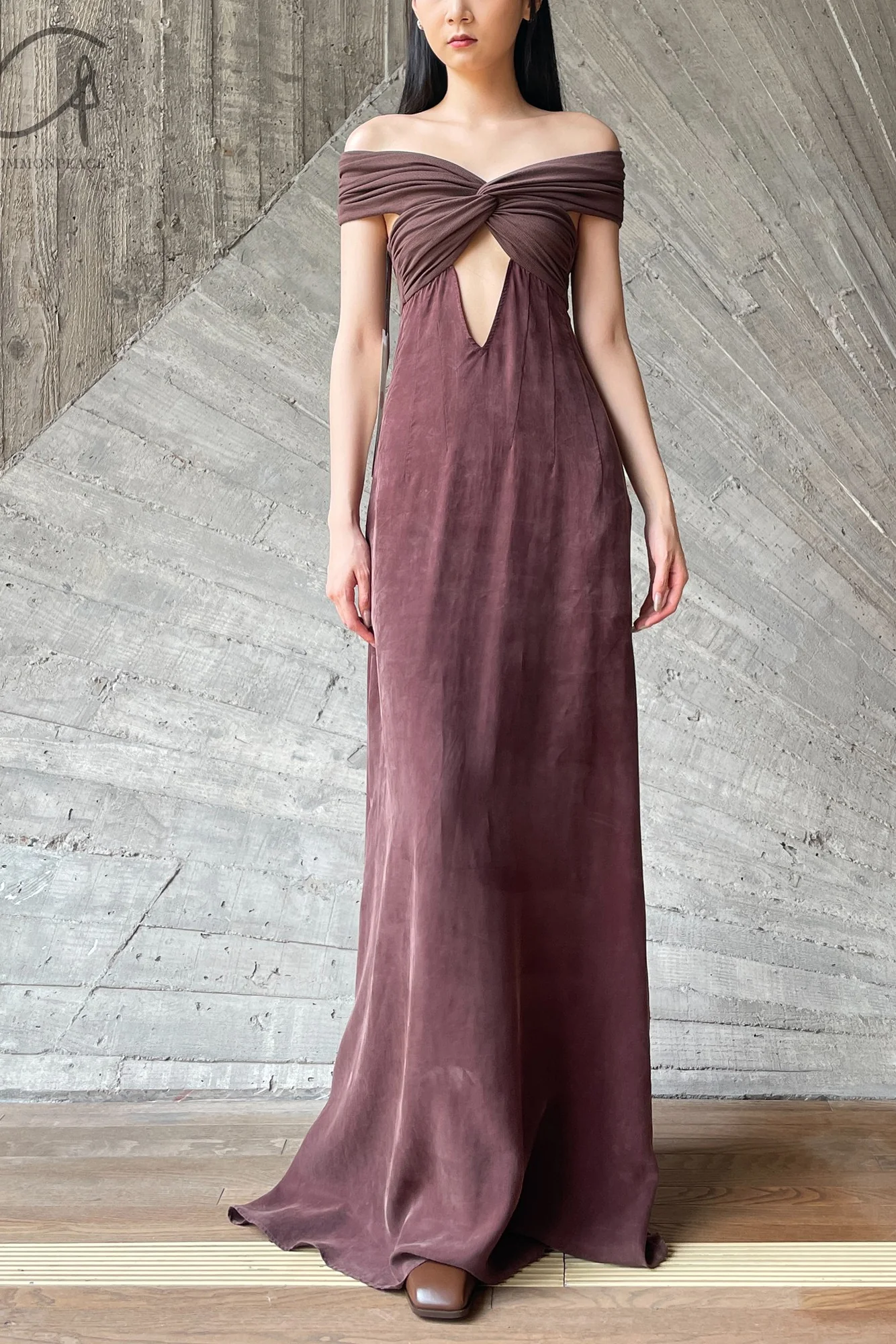 OUDE WAAG 24 autumn and winter knot patchwork dress OW-OW-24AW-DS21R1BR440-KAFEI coffee color - Image 5