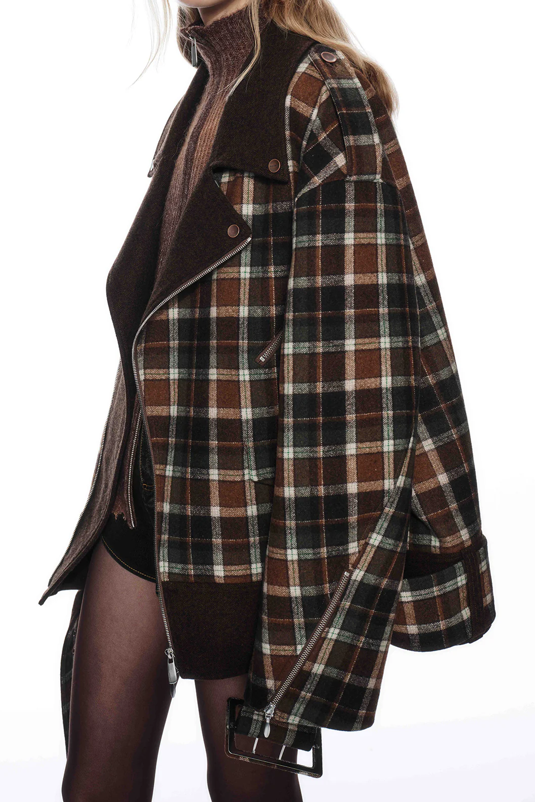 OUDE WAAG 25 Early Autumn Oversized Plaid Motorcycle Jacket Short Coat OW-OW-25PF-JK03W1BR045-ZLGW Brown Green Plaid - Image 2