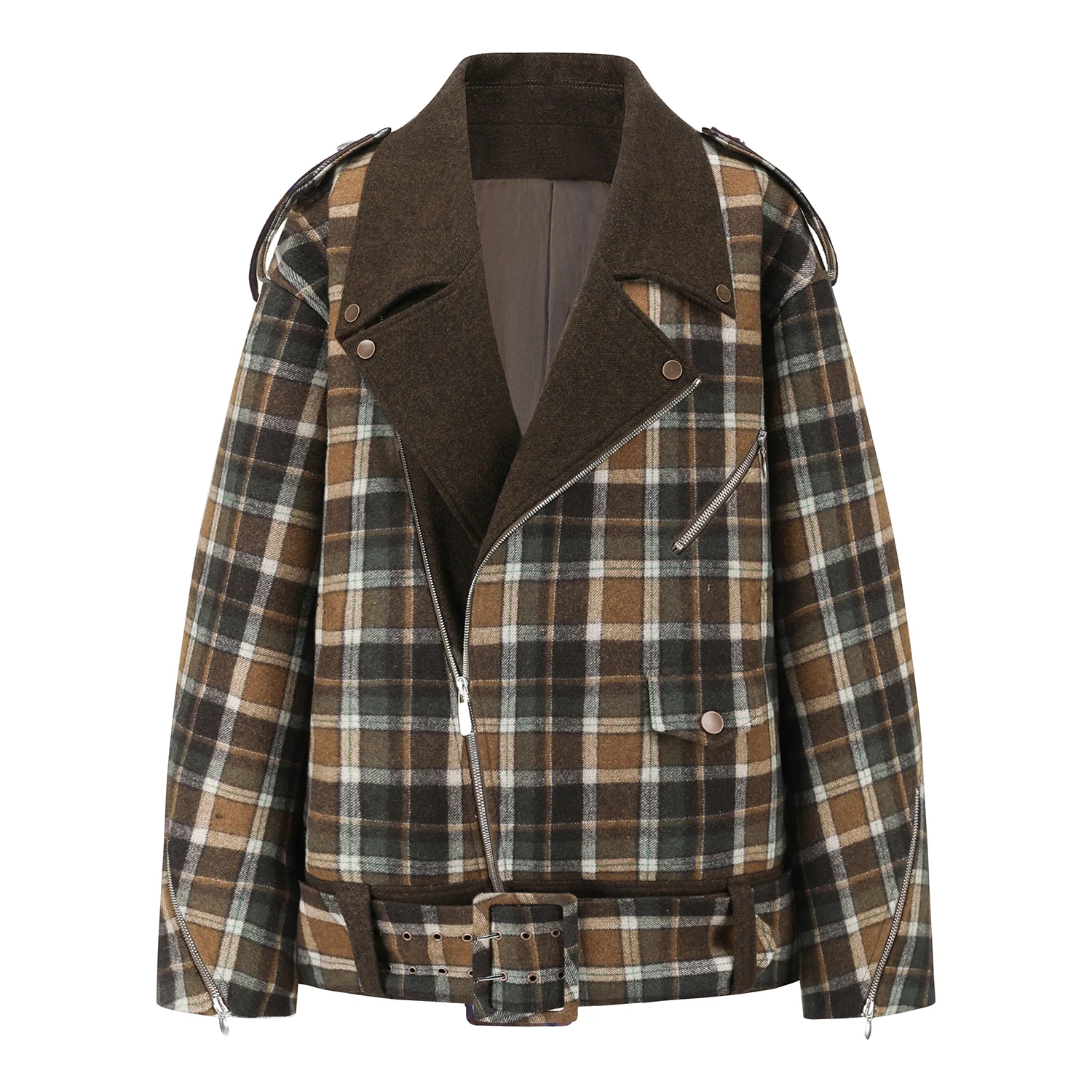 OUDE WAAG 25 Early Autumn Oversized Plaid Motorcycle Jacket Short Coat OW-OW-25PF-JK03W1BR045-ZLGW Brown Green Plaid - Image 3