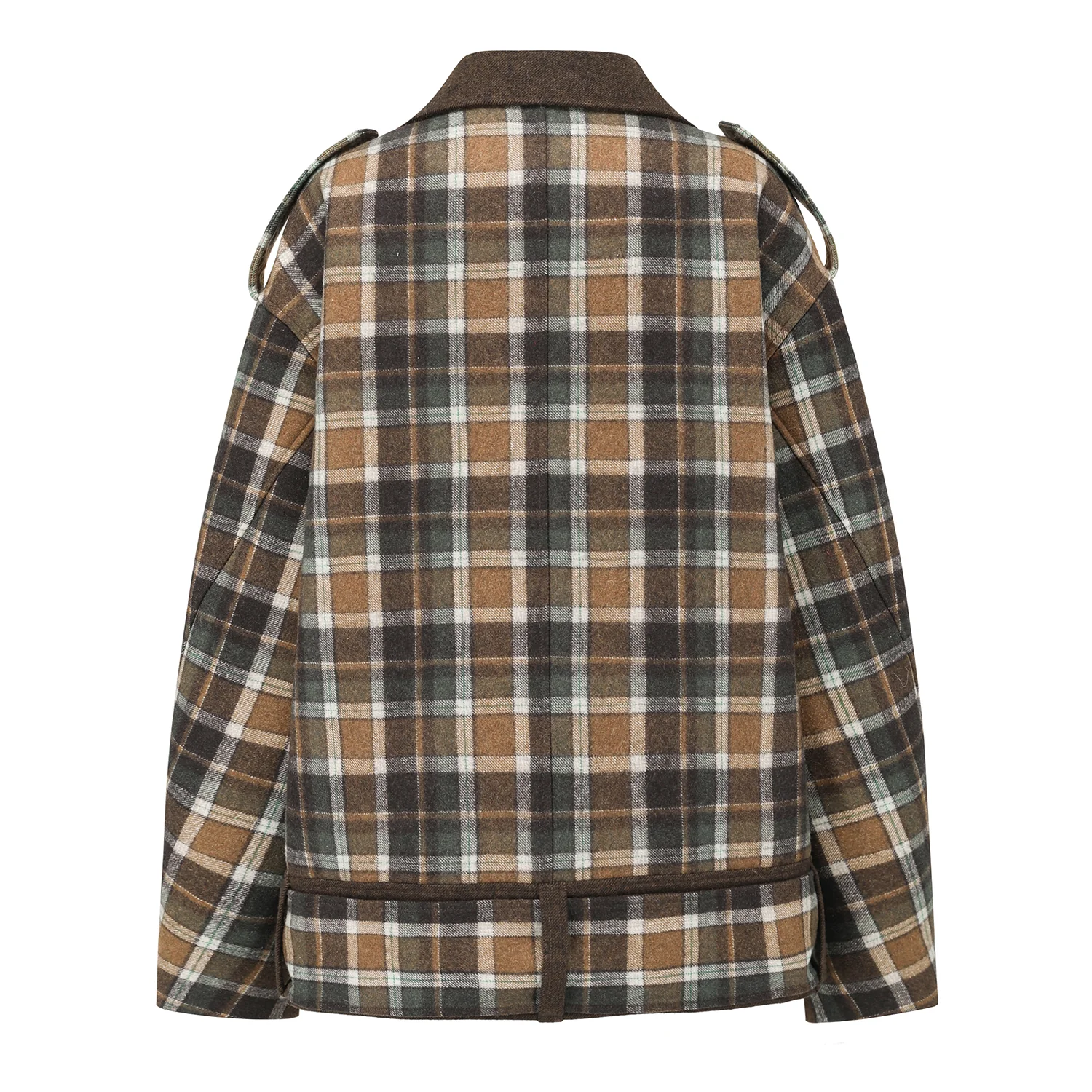 OUDE WAAG 25 Early Autumn Oversized Plaid Motorcycle Jacket Short Coat OW-OW-25PF-JK03W1BR045-ZLGW Brown Green Plaid - Image 4