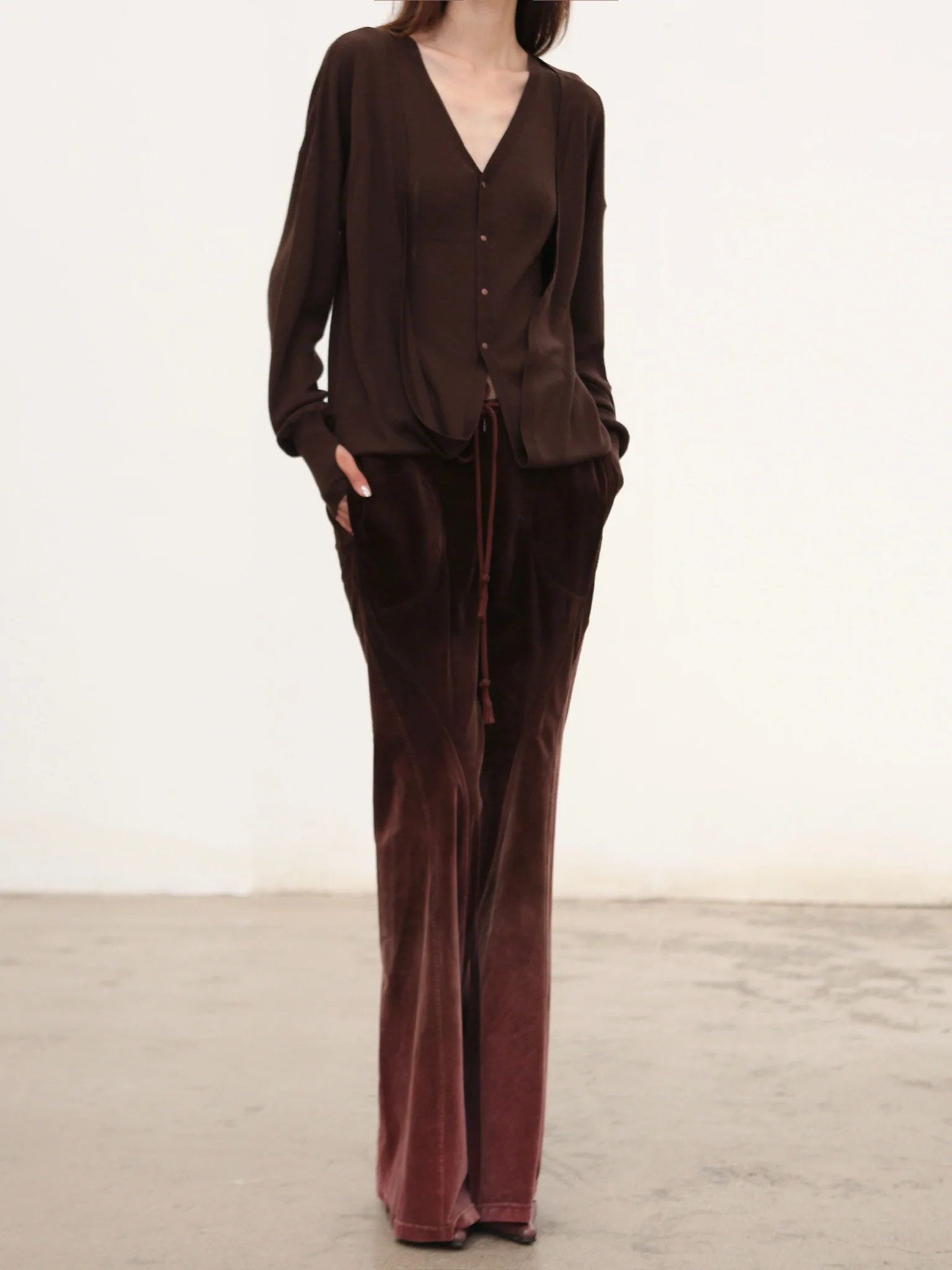 OUDE WAAG 25 Fall/Winter Faux Two-Piece Wool Knit Cardigan OW-OW-25AW-KT16W1BR440-KF Coffee Brown - Image 3