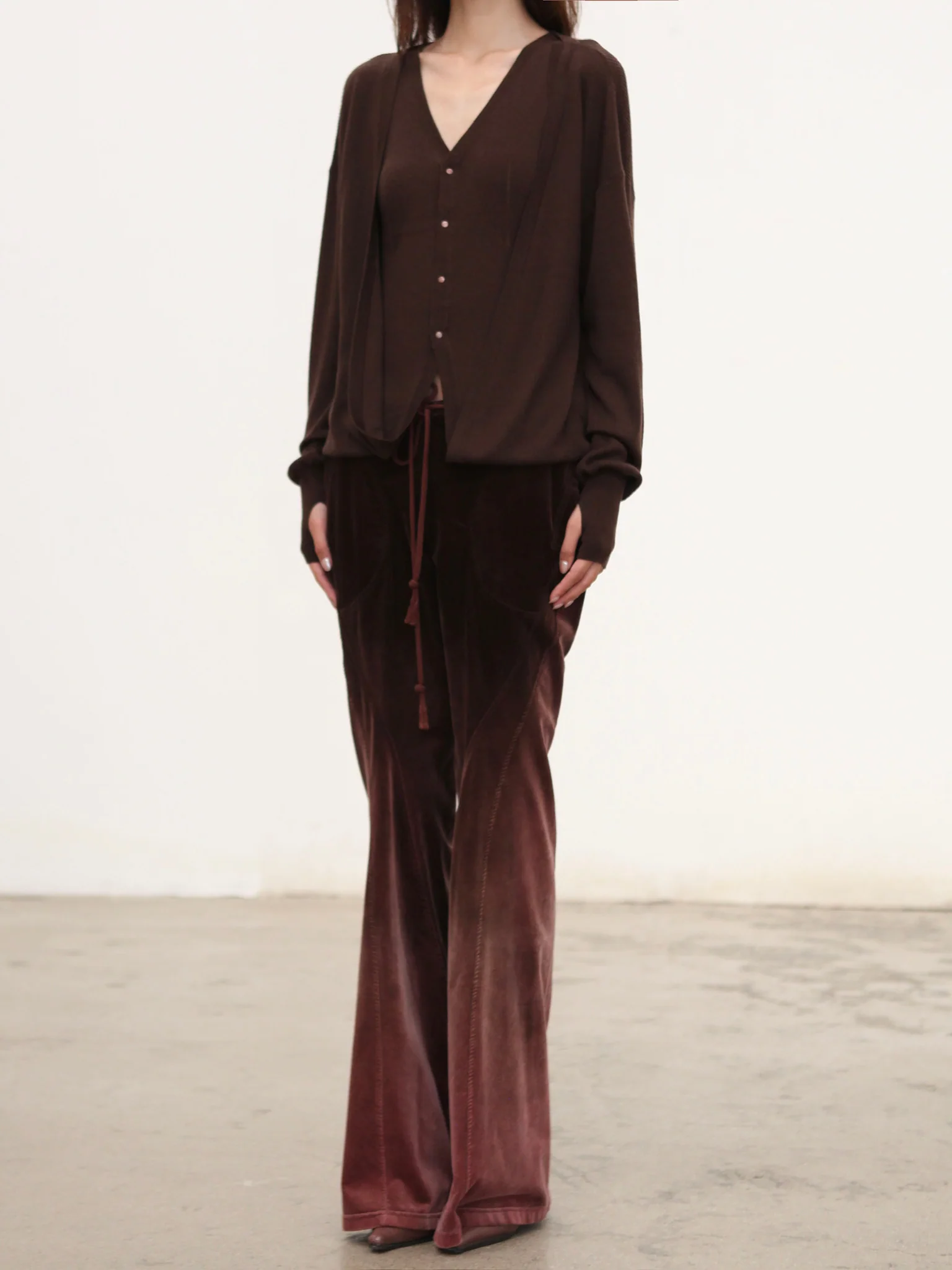 OUDE WAAG 25 Fall/Winter Faux Two-Piece Wool Knit Cardigan OW-OW-25AW-KT16W1BR440-KF Coffee Brown - Image 4
