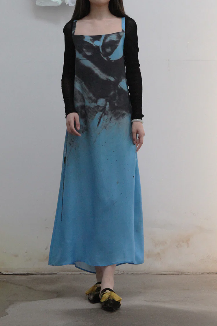 OUDE WAAG Classic Sleeve Tie Dress OW-21AW-DS08 Blue and Black - Image 2