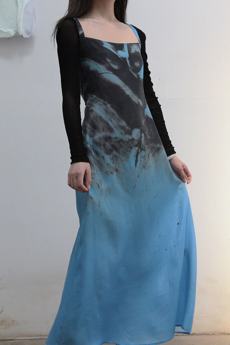 OUDE WAAG Classic Sleeve Tie Dress OW-21AW-DS08 Blue and Black - Image 3
