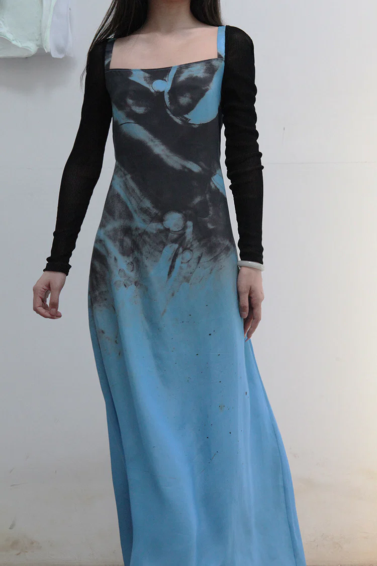 OUDE WAAG Classic Sleeve Tie Dress OW-21AW-DS08 Blue and Black - Image 4