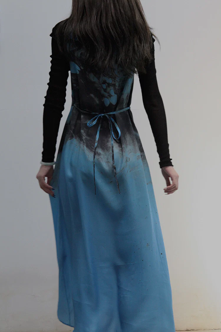 OUDE WAAG Classic Sleeve Tie Dress OW-21AW-DS08 Blue and Black - Image 5