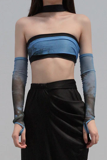 OUDE WAAG Double-layer tube top with print around the neck OW-21AW-AS11BU069 Blue and black OW-21AW-AS11
