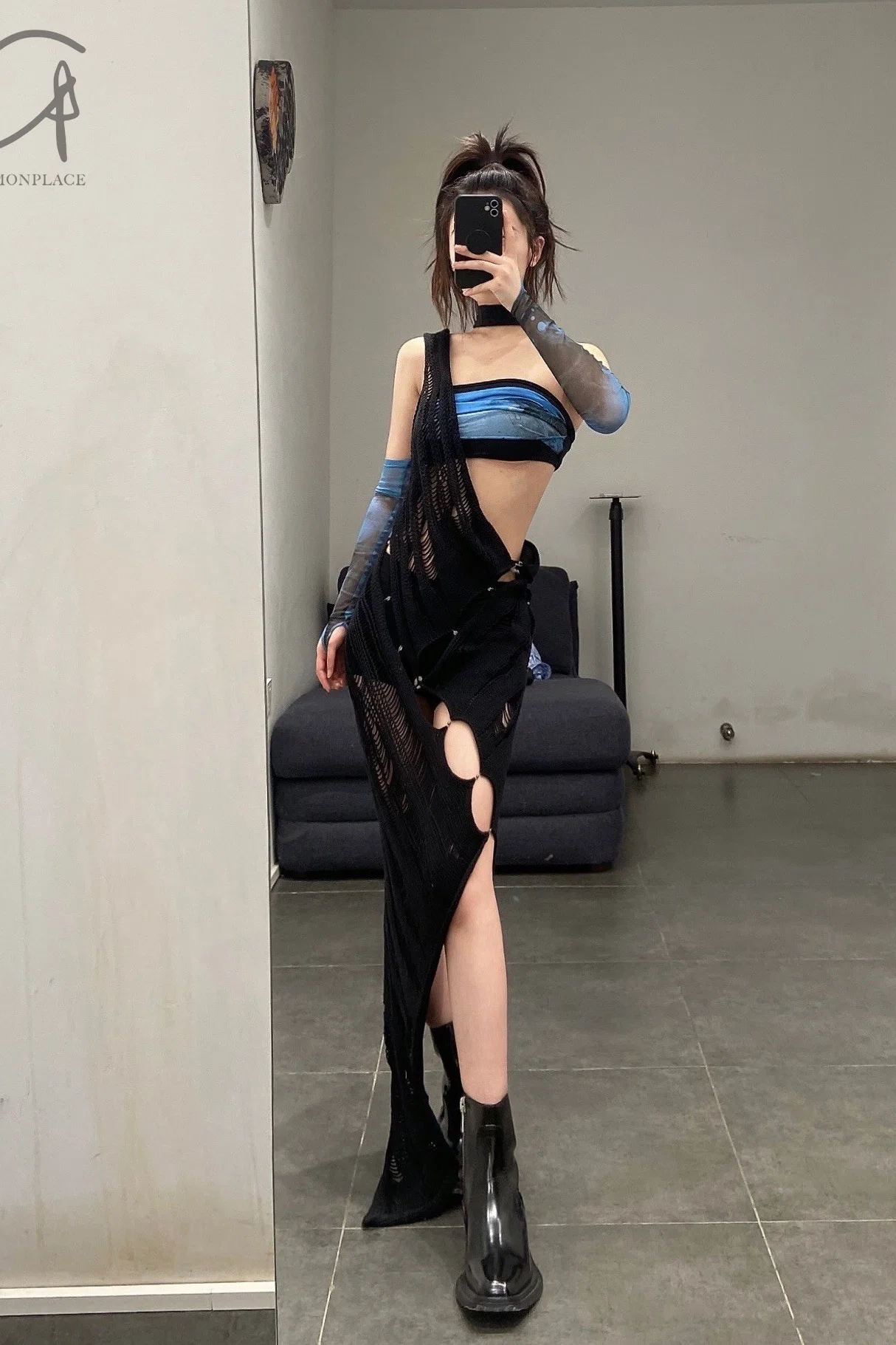 OUDE WAAG Double-layer tube top with print around the neck OW-21AW-AS11BU069 Blue and black OW-21AW-AS11 - Image 19
