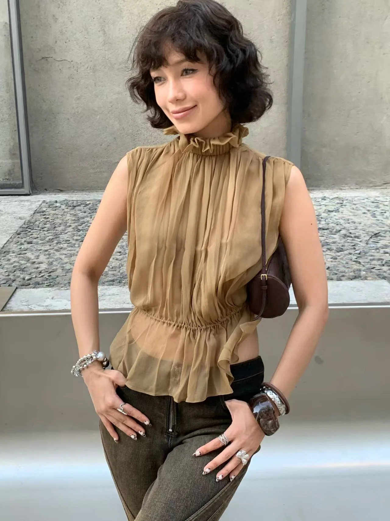 OUDE WAAG High-Neck Shirred Halter Vest OW-OW-25PF-TP03-KQ (YE420 Khaki) (OW-25SS-TP02 OW-25PF-TP03) - Image 13