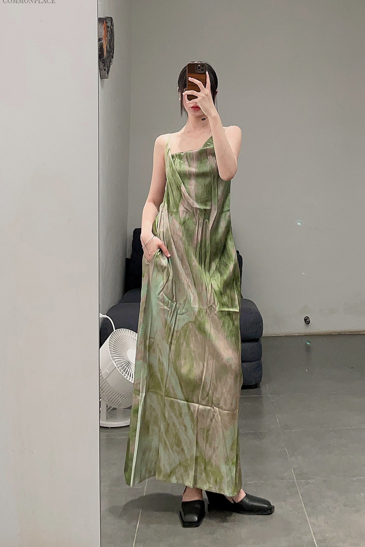 OUDE WAAG Swing Neck Open Back Print Dress OW-23AW-DS05P2GR052 Green Pink Print (OW-23AW-DS05) - Image 11