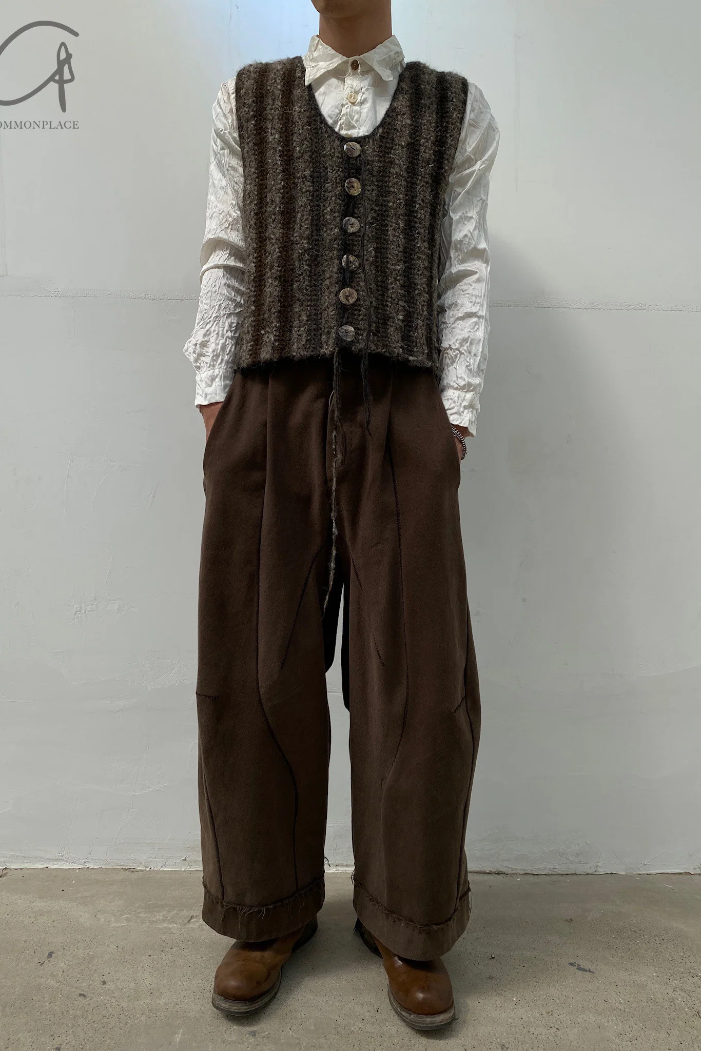 pengtai cotton and wool blended double pleated wide cotton twill pants M022 - Image 2