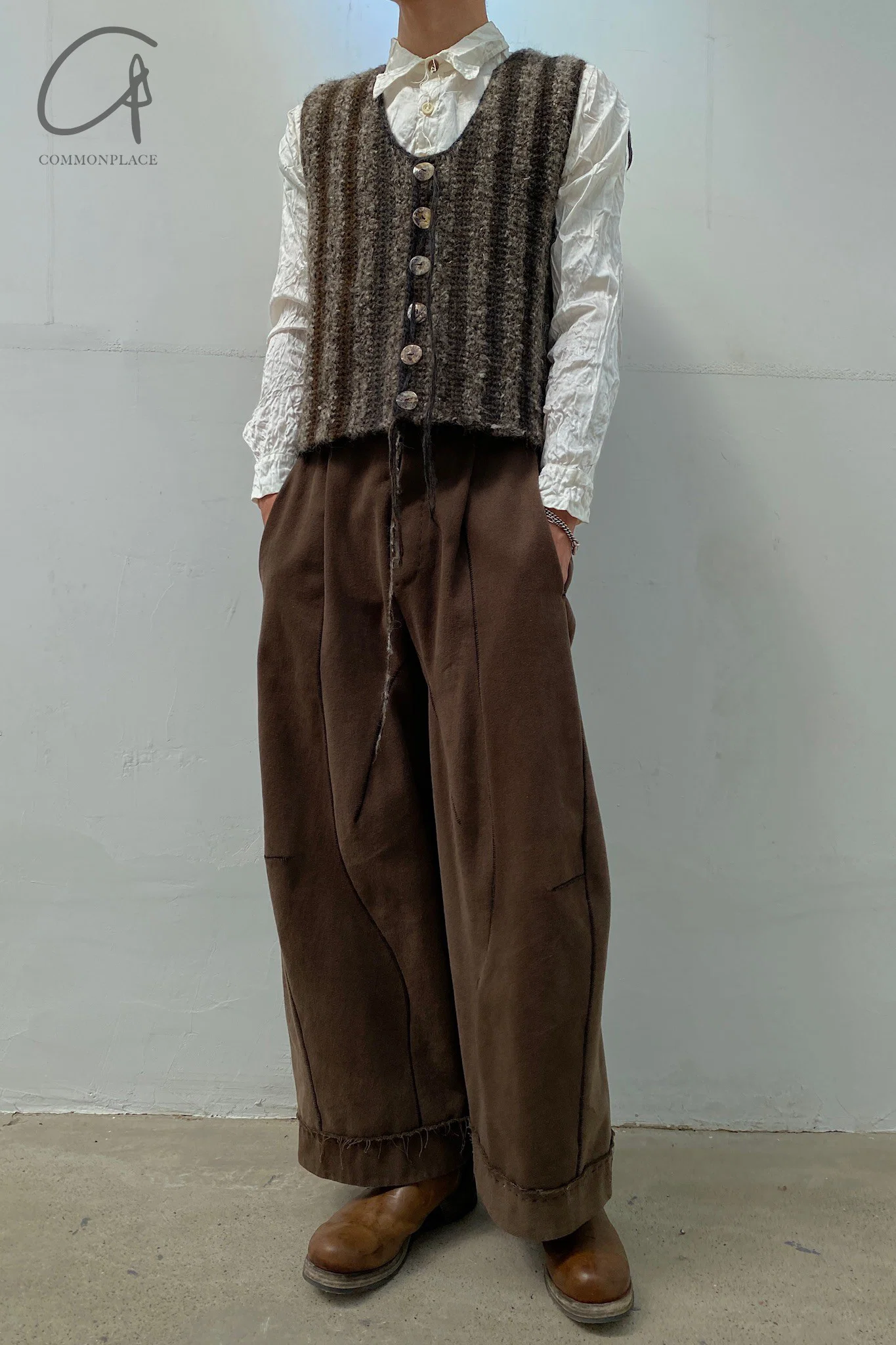 pengtai cotton and wool blended double pleated wide cotton twill pants M022 - Image 3