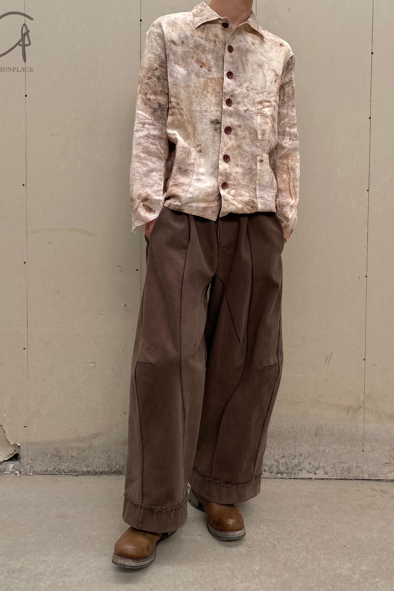 pengtai cotton and wool blended double pleated wide cotton twill pants M022 - Image 7