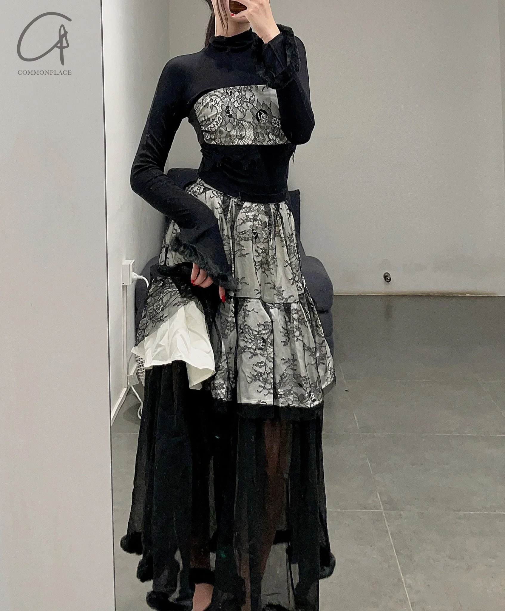 pengtai Lace Layered Rolled Midi Skirt PTW23B01-3 - Image 11