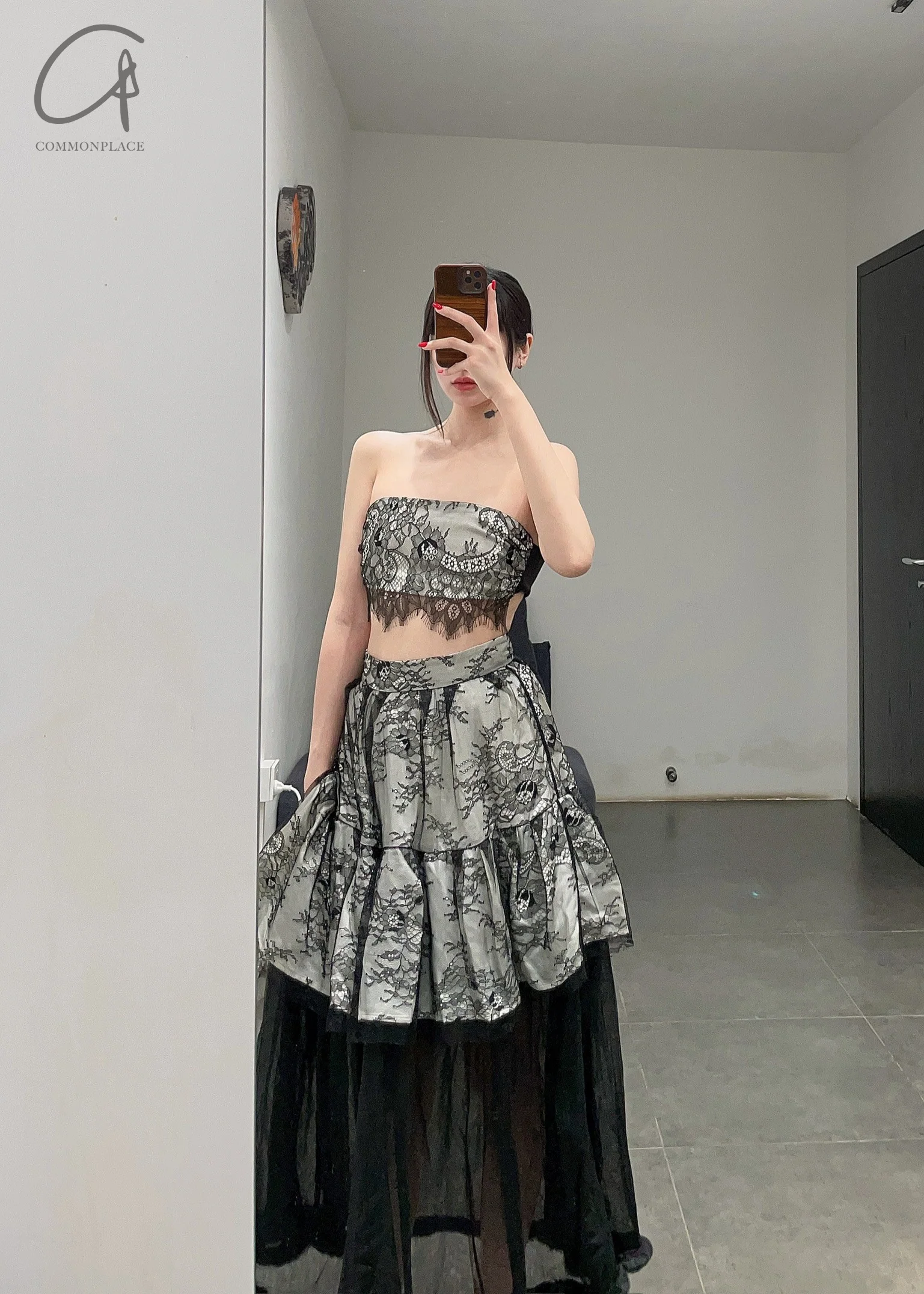 pengtai Lace Layered Rolled Midi Skirt PTW23B01-3 - Image 12