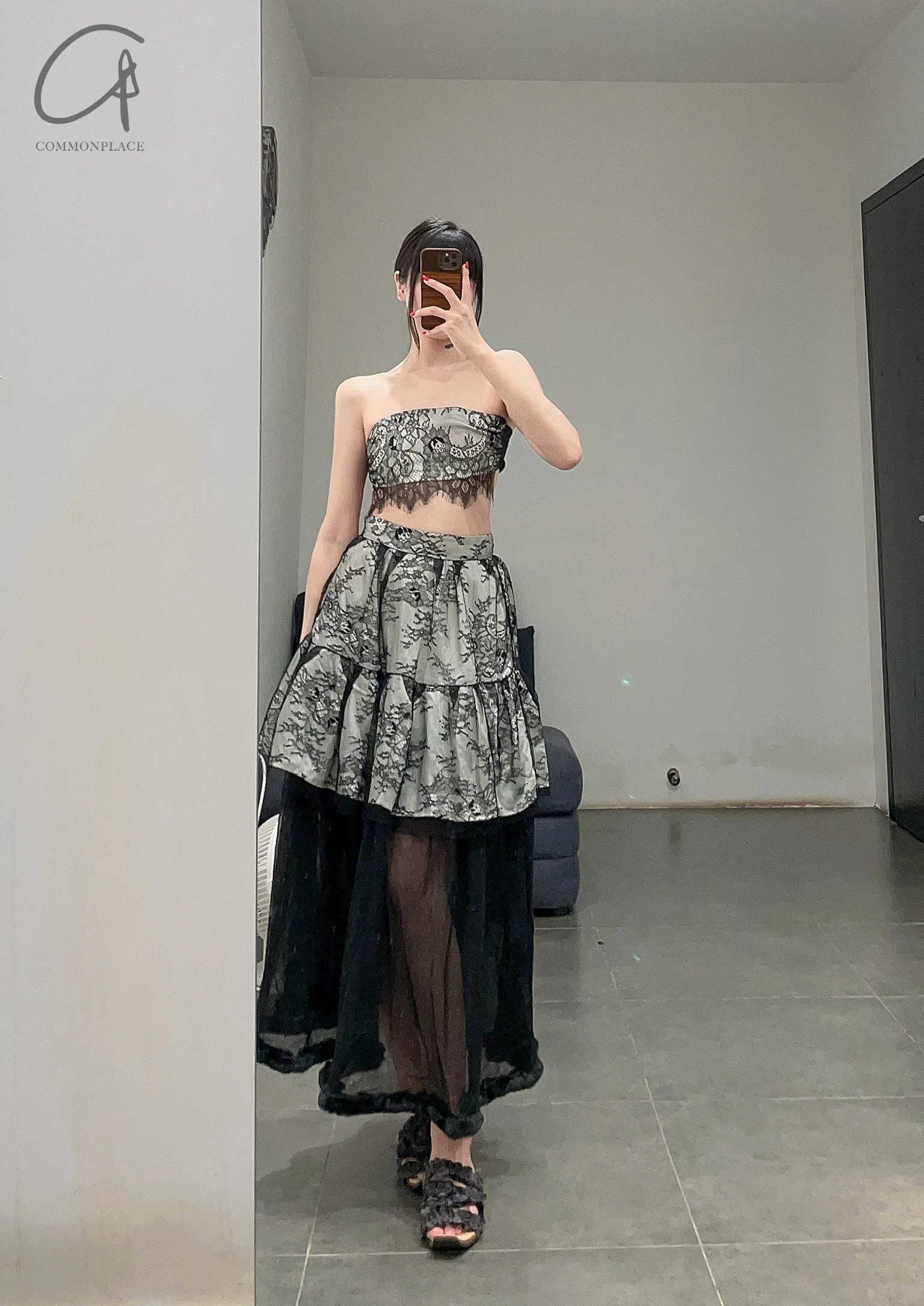 pengtai Lace Layered Rolled Midi Skirt PTW23B01-3 - Image 14