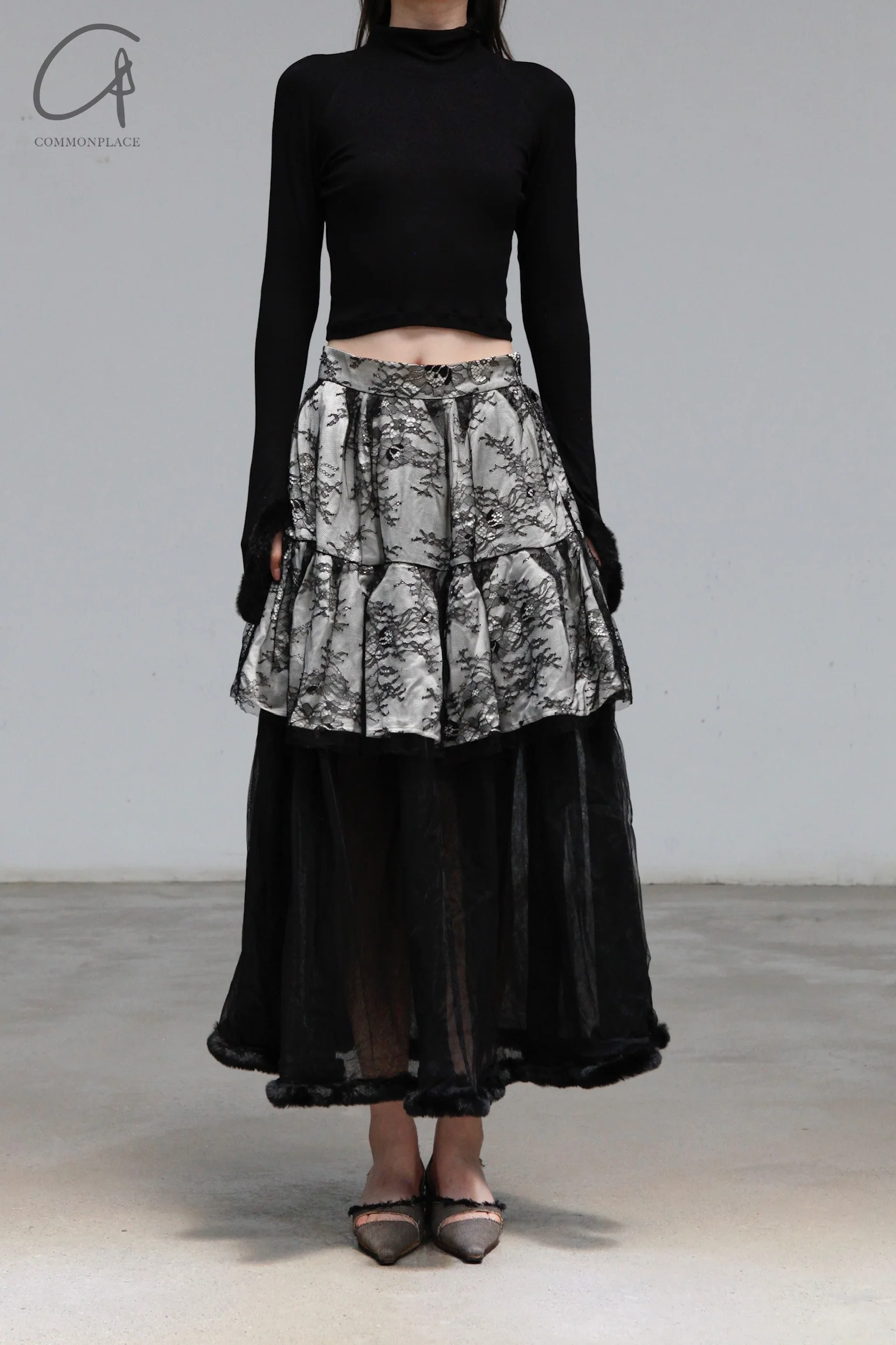 pengtai Lace Layered Rolled Midi Skirt PTW23B01-3 - Image 2