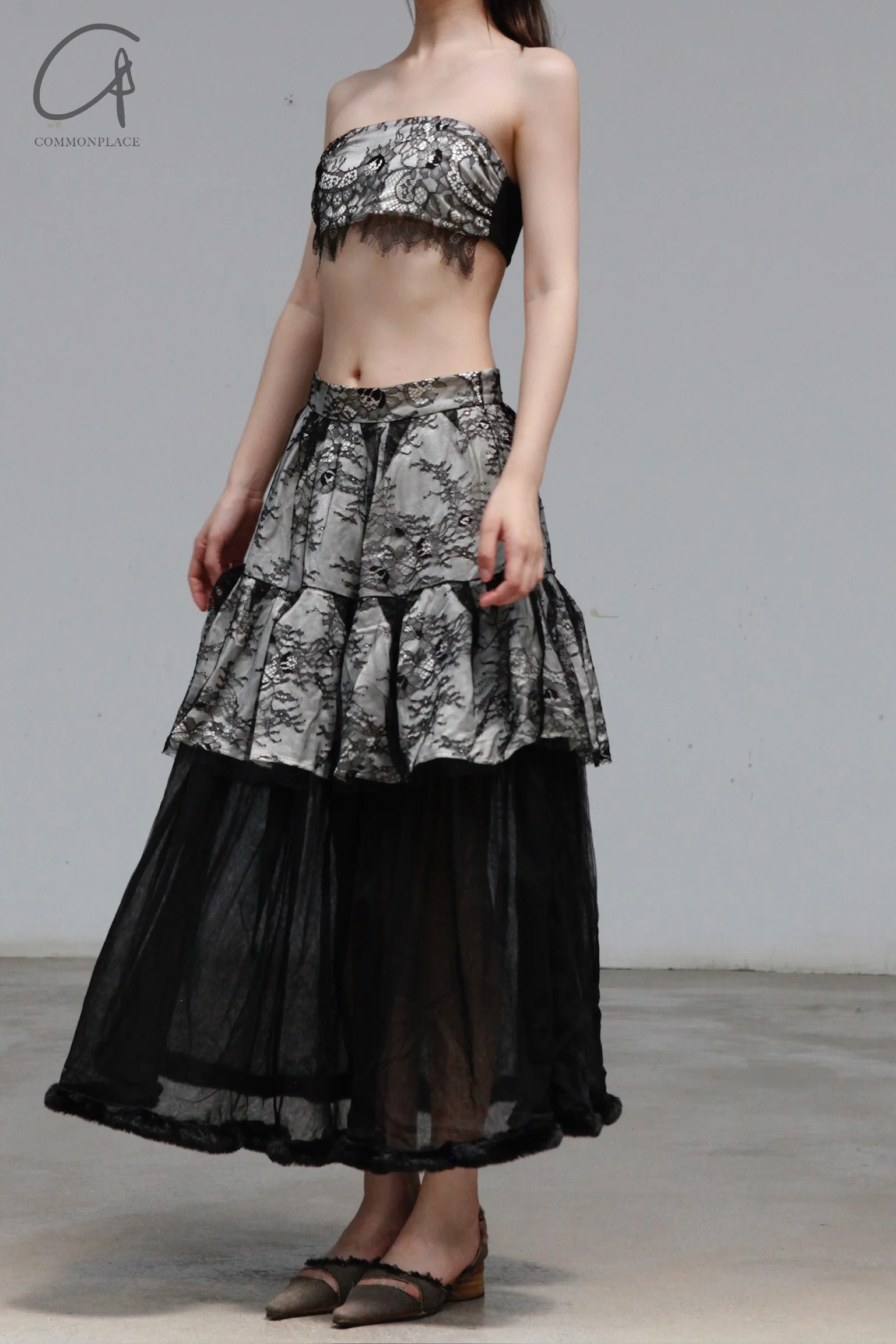 pengtai Lace Layered Rolled Midi Skirt PTW23B01-3 - Image 3
