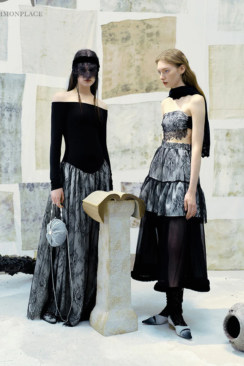 pengtai Lace Layered Rolled Midi Skirt PTW23B01-3 - Image 9