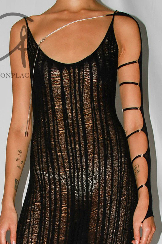 RUI single shoulder semi-transparent long sleeves with thin straps RSS24SF04 Onyx black - Image 4
