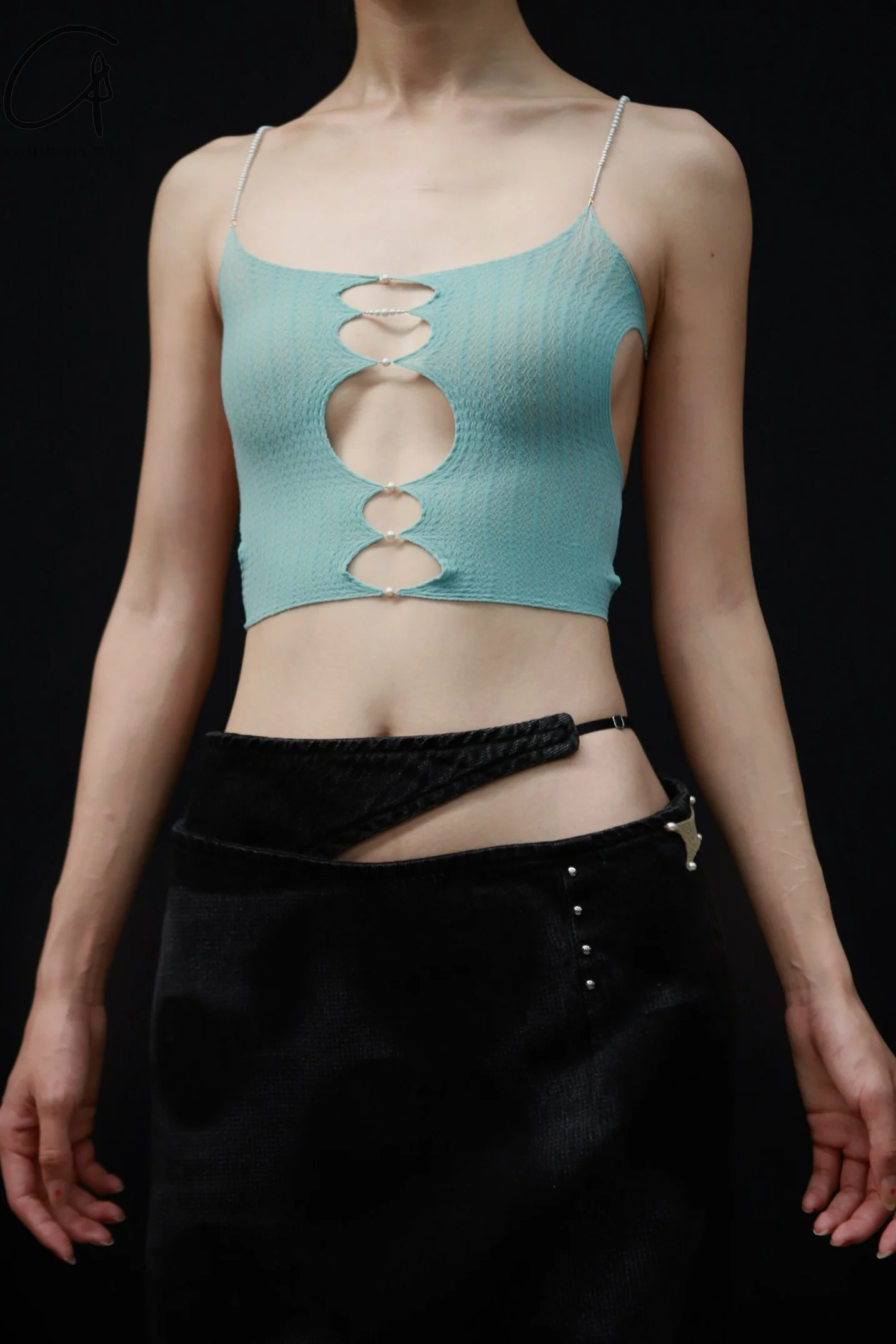 Rui Zhou Pearl Chain Three-piece Suspender Tube Top Stretch RUI-RUIFW21SF01A-SHUILAN Aqua RUIFW21SF01 - Image 2