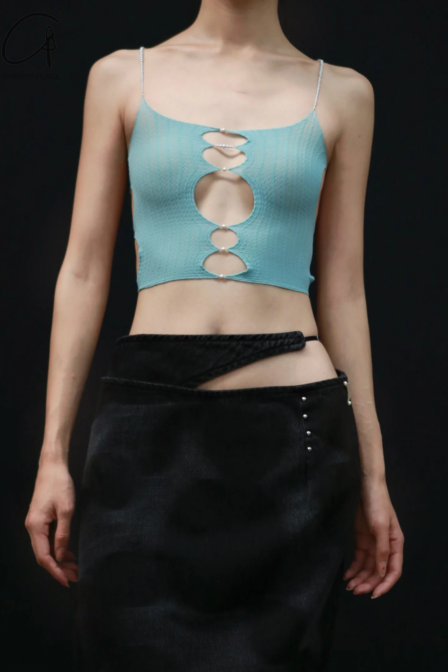 Rui Zhou Pearl Chain Three-piece Suspender Tube Top Stretch RUI-RUIFW21SF01A-SHUILAN Aqua RUIFW21SF01 - Image 3