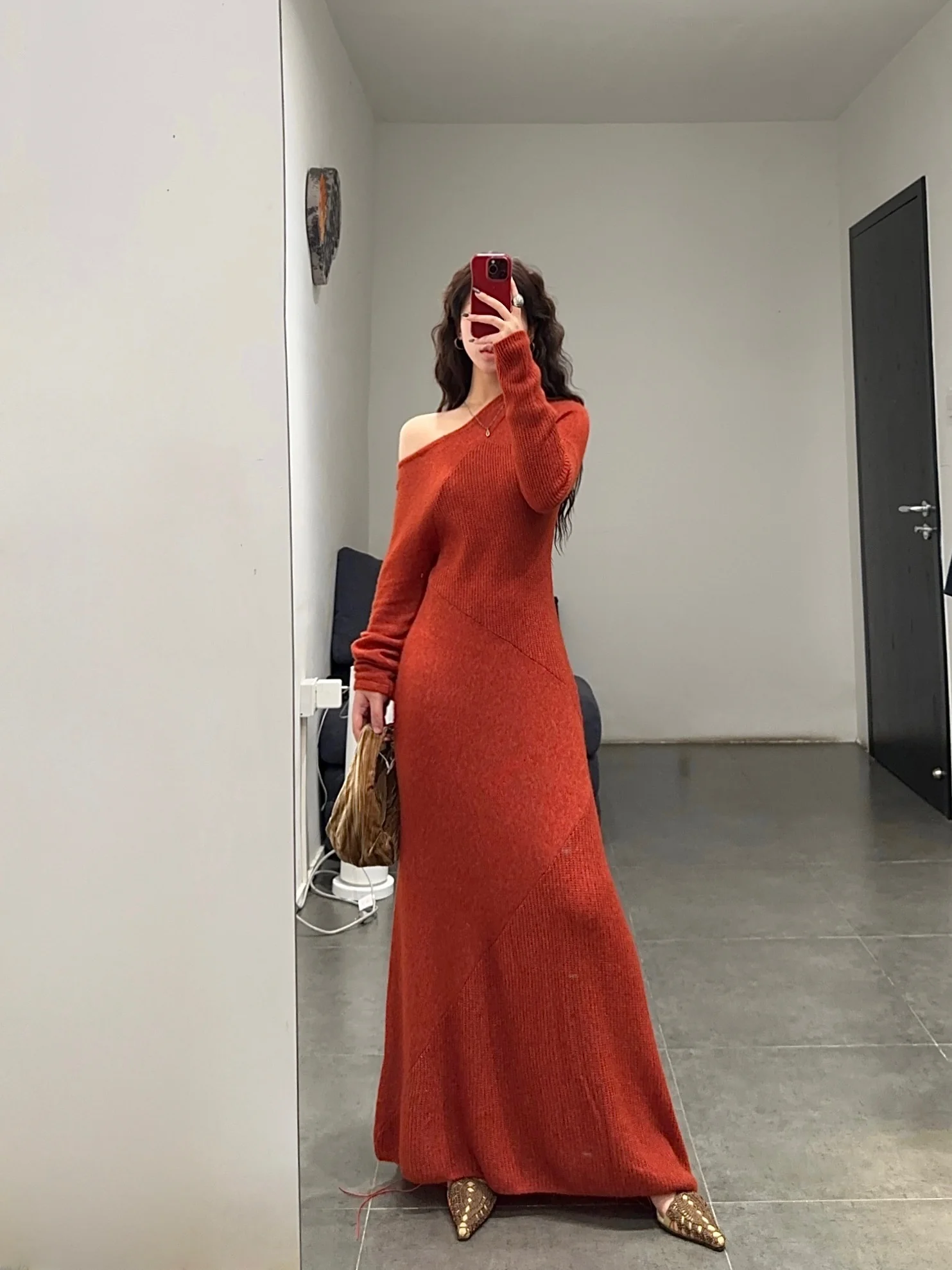RUOHAN 24 autumn and winter collage cashmere dress RH-RH-RHKN154AW24-XH rust red RHKN152AW24 - Image 9