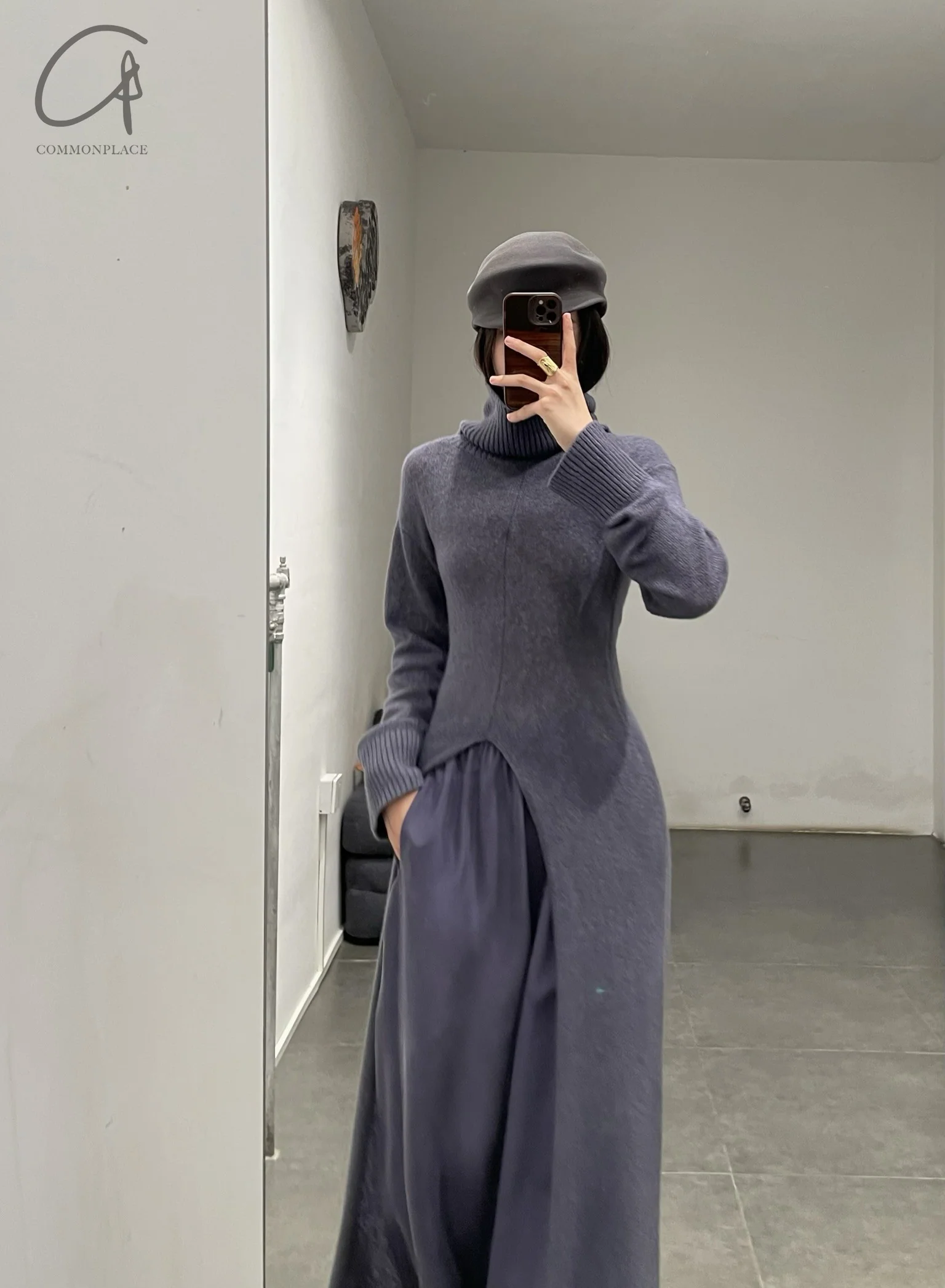 RUOHAN 24 Autumn and Winter High Neck Slit Cashmere Dress RH-RHKN117AW24-LAN Dark Blue - Image 8