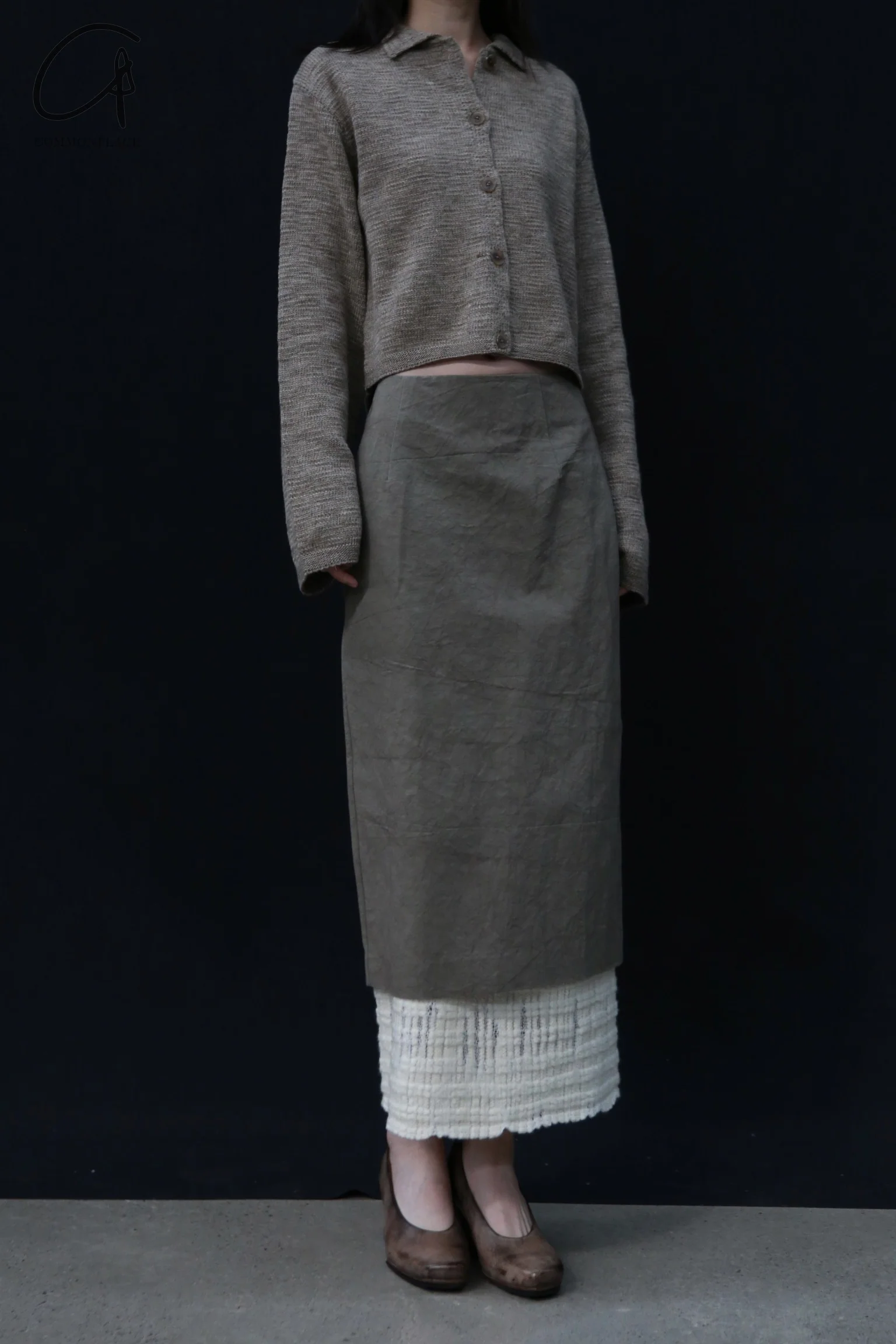 SWAYING 24 Autumn and Winter Wool Splicing Straight Skirt SW-SW24AW3B23-HUILV Gray Green - Image 5