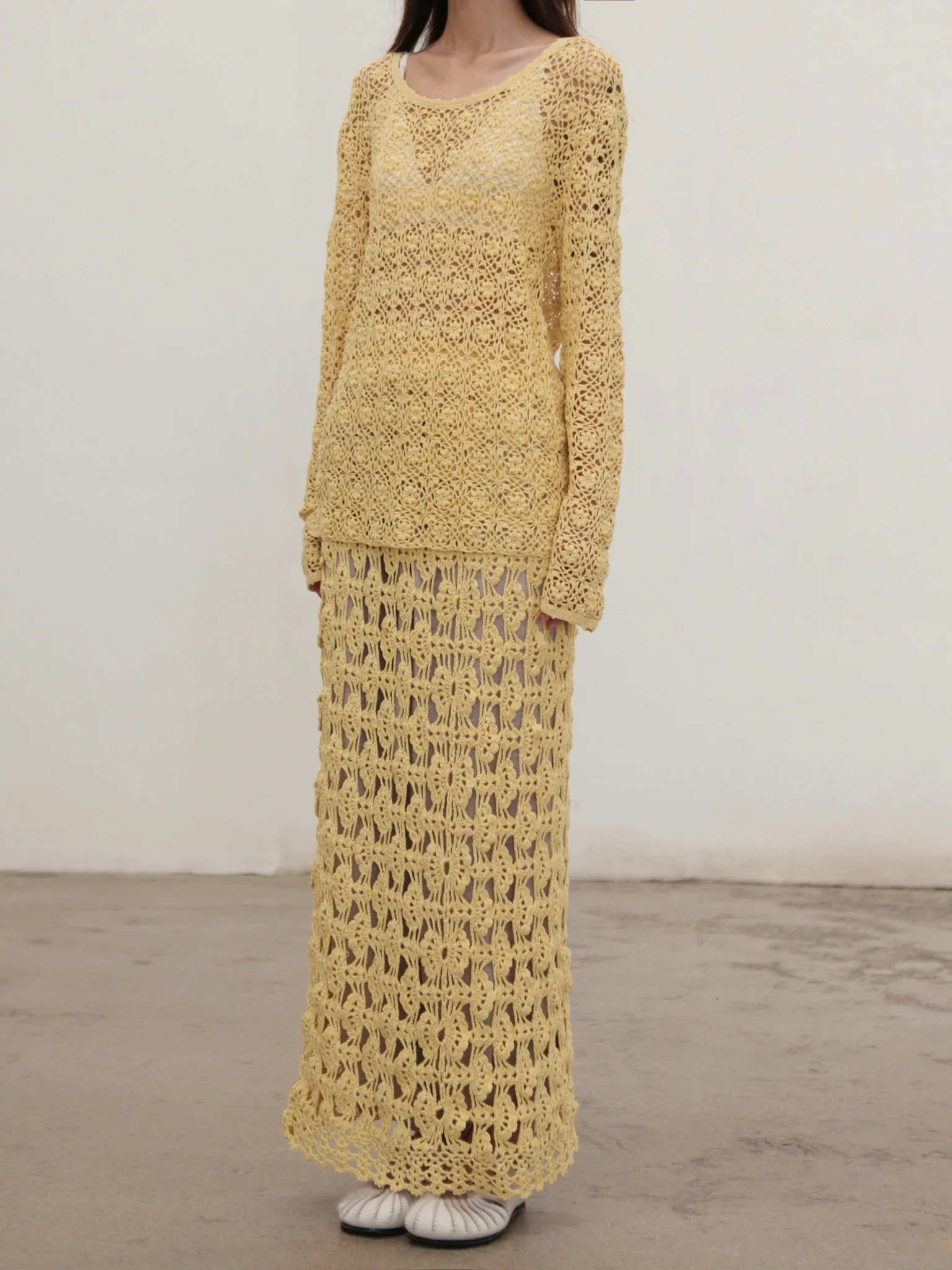 SWAYING 25 Autumn/Winter Crochet Silk Cotton Top SW-SW25AW1T16C2S2-HUANG Yellow (SW-SW25AW1T16C2S4-HUANG) - Image 4