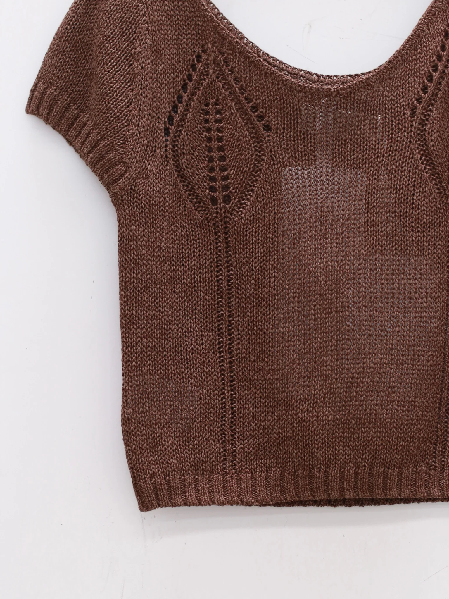 SWAYING 25 Early Autumn Shoulder Hollow Short Sleeve Knit Cardigan SW-SW25PF1T10C3-ZONG Brown - Image 3