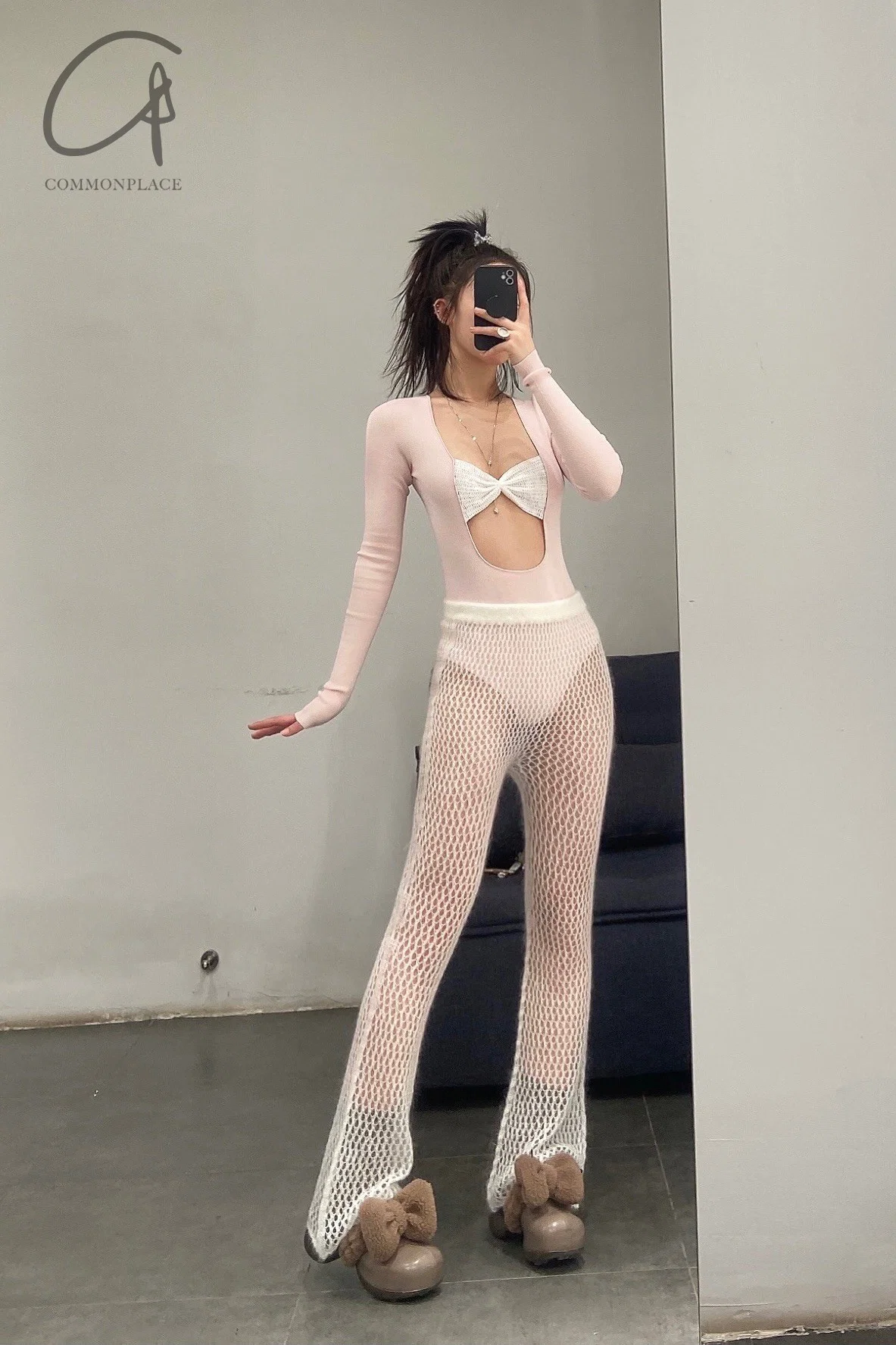 SWAYING/KNIT Bow Jumpsuit SW22SST70 Light Pink/White - Image 16