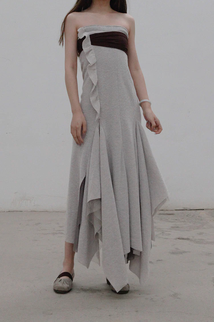 Un Morceau chest pleated wool tube top dress UM212LS12 gray/brown