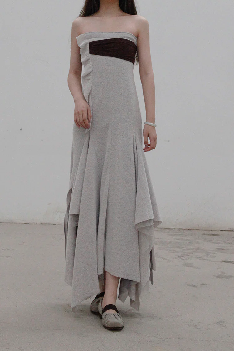 Un Morceau chest pleated wool tube top dress UM212LS12 gray/brown - Image 2