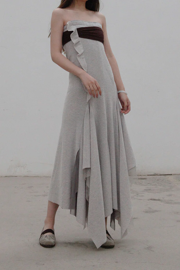 Un Morceau chest pleated wool tube top dress UM212LS12 gray/brown - Image 3