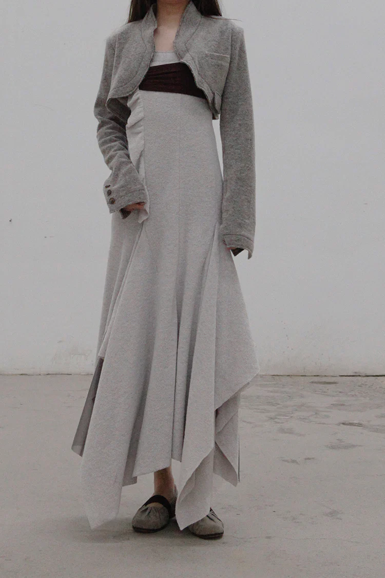 Un Morceau chest pleated wool tube top dress UM212LS12 gray/brown - Image 4