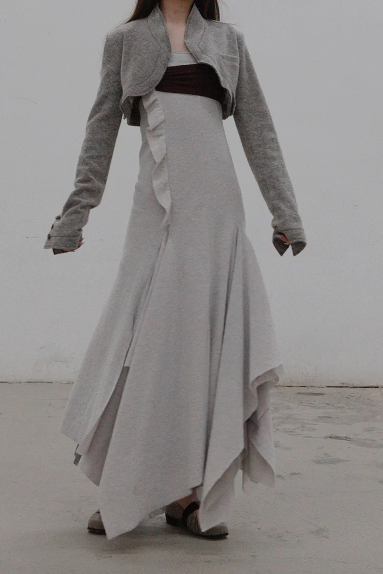 Un Morceau chest pleated wool tube top dress UM212LS12 gray/brown - Image 5