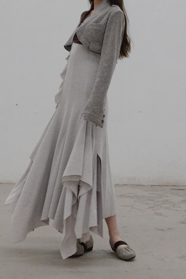 Un Morceau chest pleated wool tube top dress UM212LS12 gray/brown - Image 7