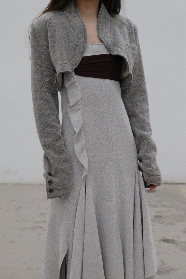 Un Morceau chest pleated wool tube top dress UM212LS12 gray/brown - Image 8