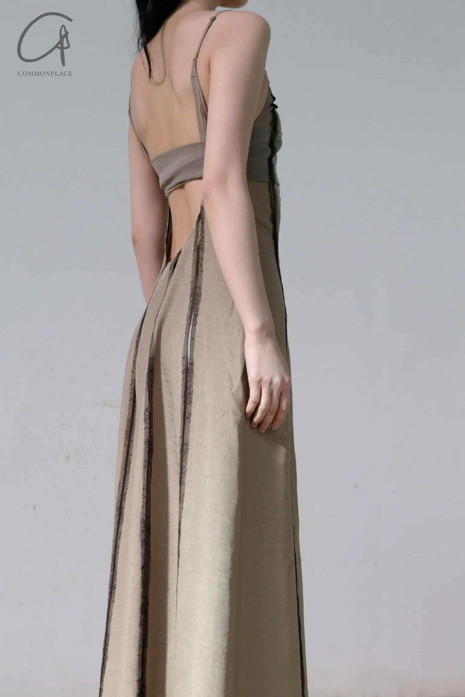 Un Morceau Lace Patchwork Acetate Slip Dress UM221LS04 Khaki/Bean Green - Image 2