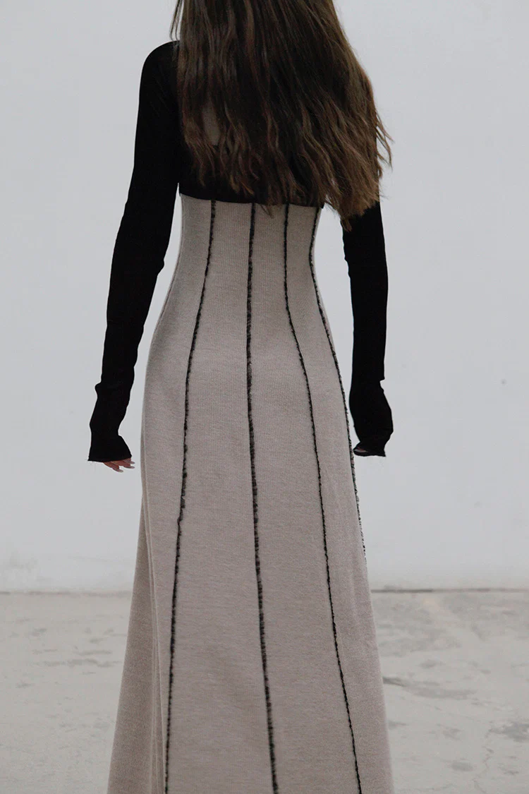 Un Morceau Raglan High Neck and Chest Stitching Dress UM212LS11 Nude Pink/Black PUM12 - Image 7