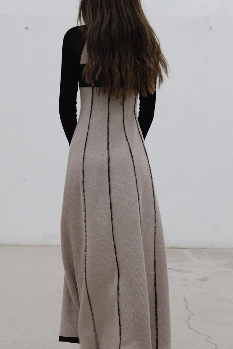 Un Morceau Raglan High Neck and Chest Stitching Dress UM212LS11 Nude Pink/Black PUM12 - Image 8