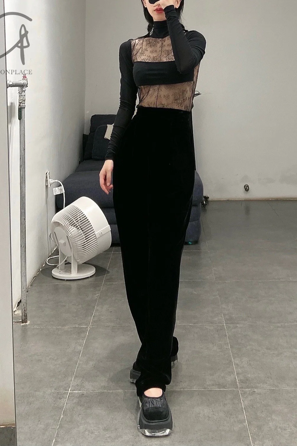 Un Morceau Velvet High Waist Straight Pants UM212XZ05 Black PUM15 - Image 23