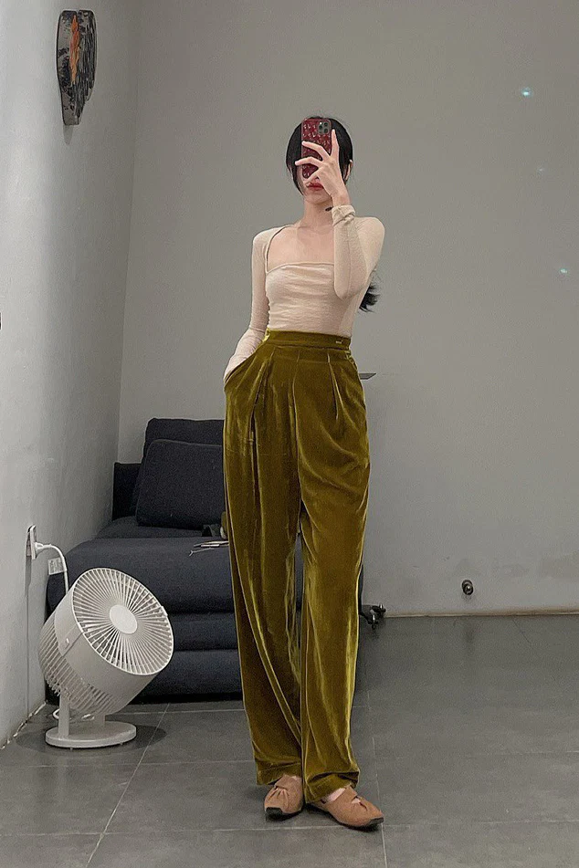 Un Morceau Velvet High Waist Straight Pants UM212XZ06 Grass Green PUM15 - Image 5