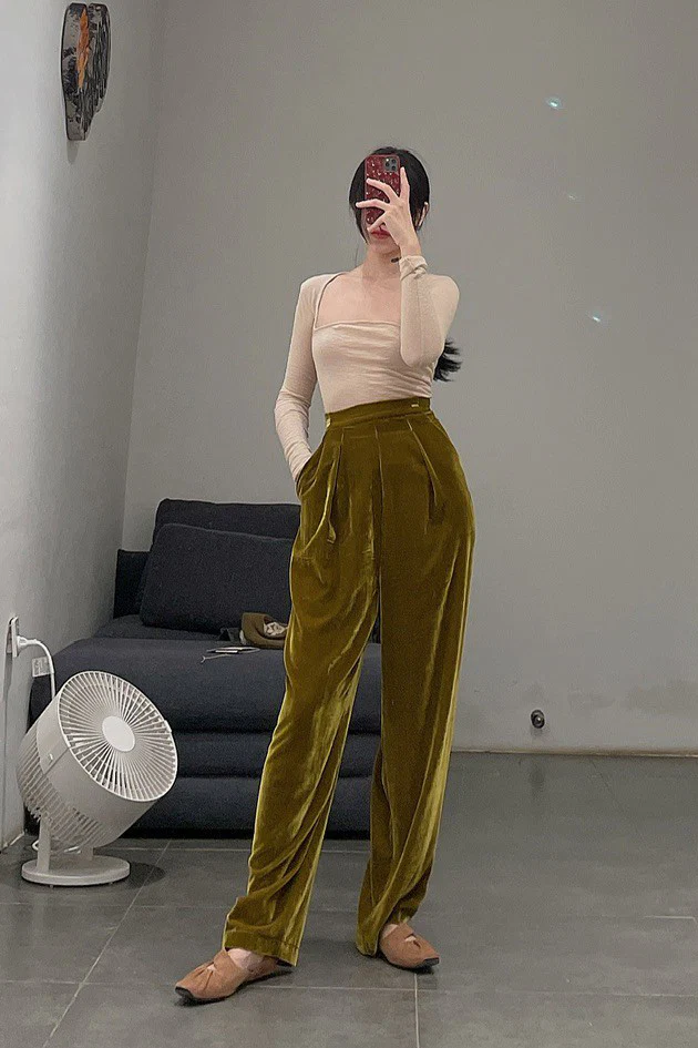 Un Morceau Velvet High Waist Straight Pants UM212XZ06 Grass Green PUM15 - Image 6