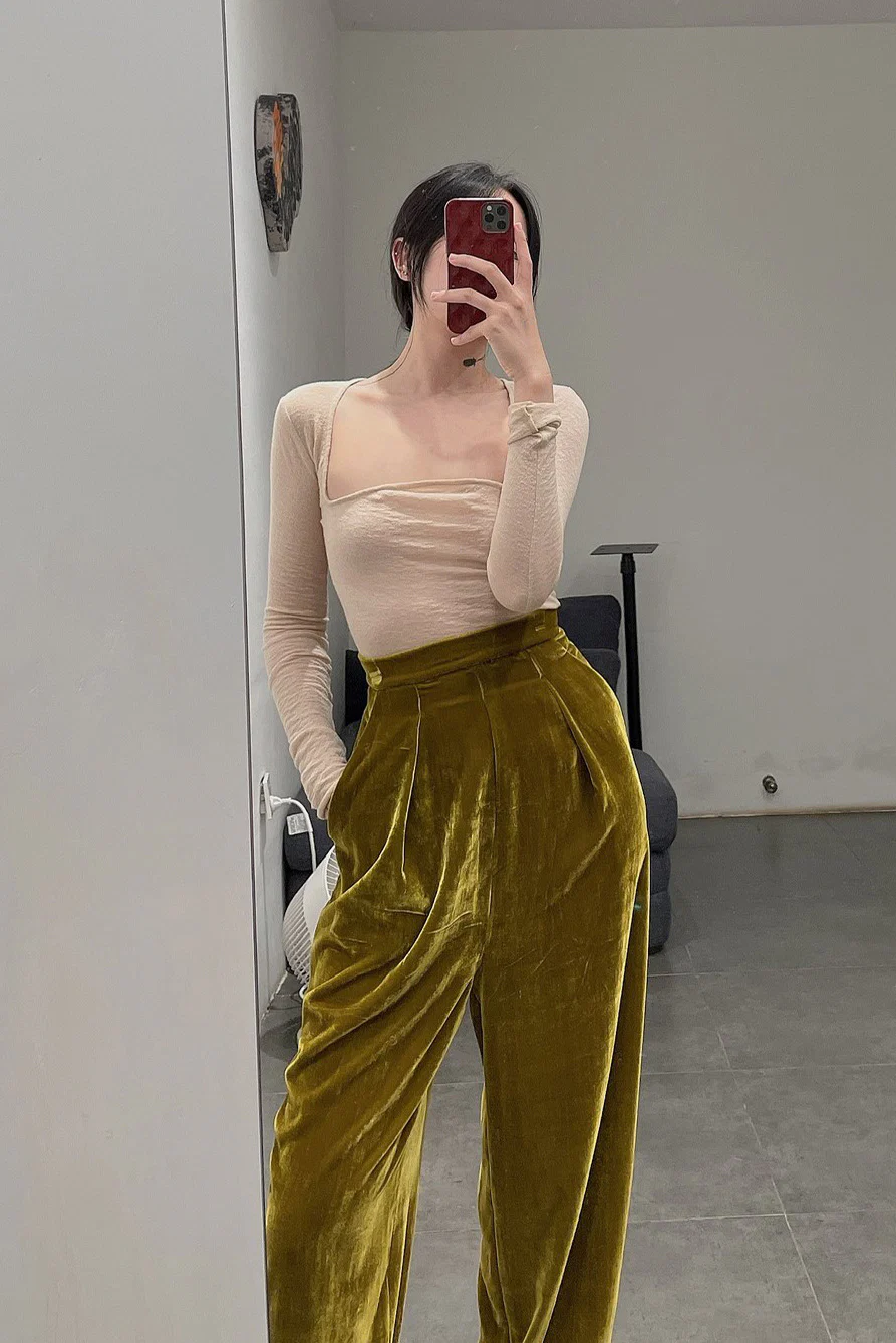 Un Morceau Velvet High Waist Straight Pants UM212XZ06 Grass Green PUM15 - Image 7